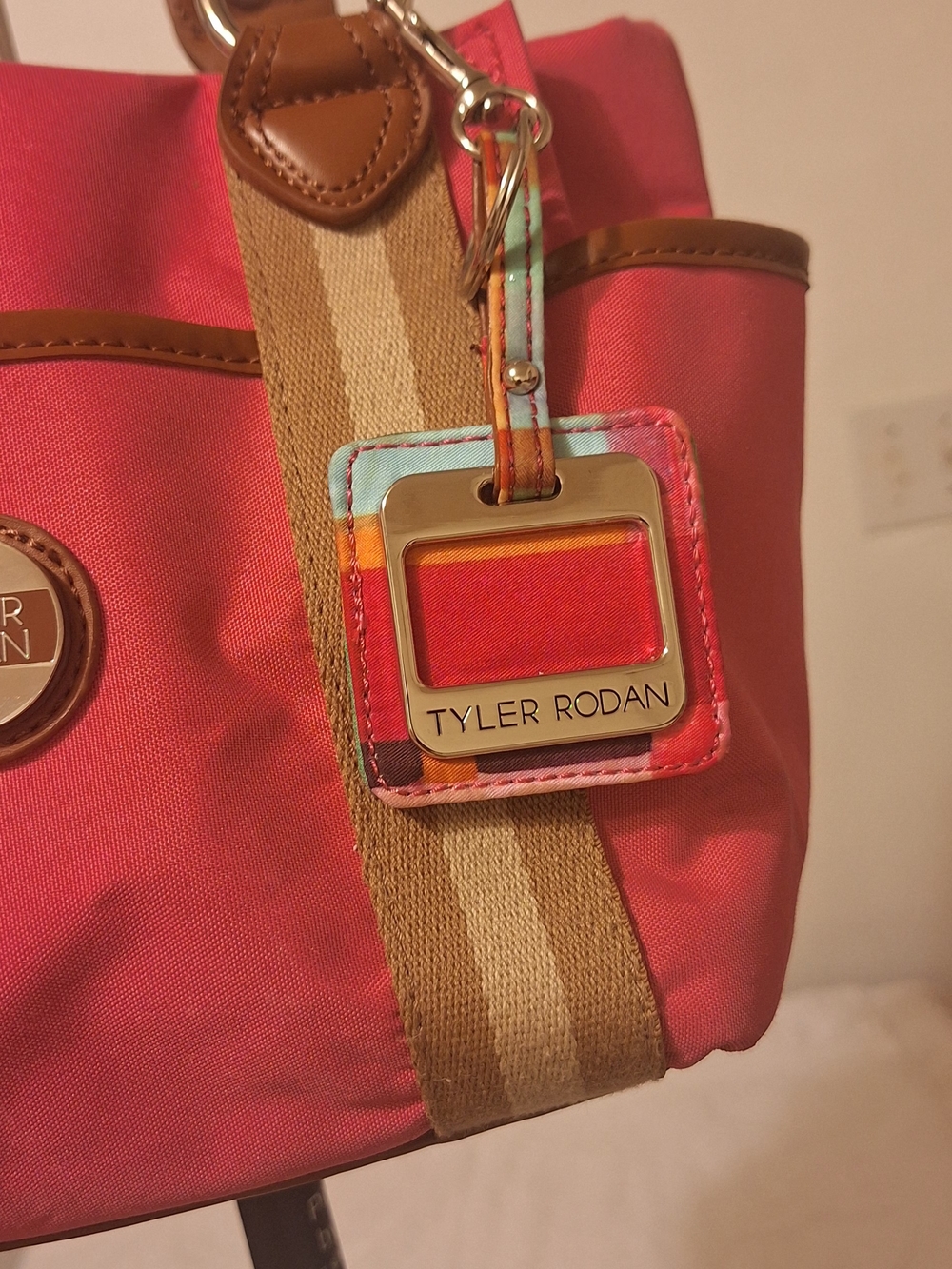Tyler Rodan Coral Canvas Tote with Tan Trim and Multicolor Tag (13.5 X 8.5 X 4.5 - Picture 4 of 16